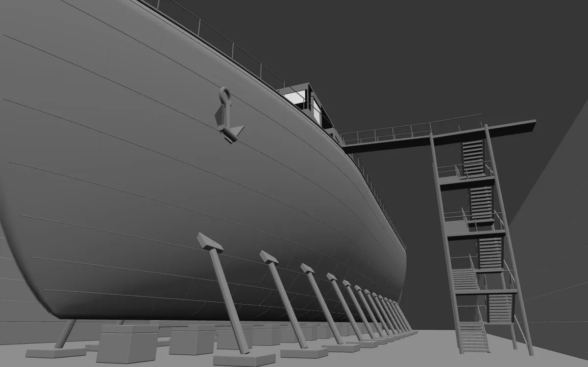 The ship in its dry dock as a grey previs, shape and scale only, before materials and light
